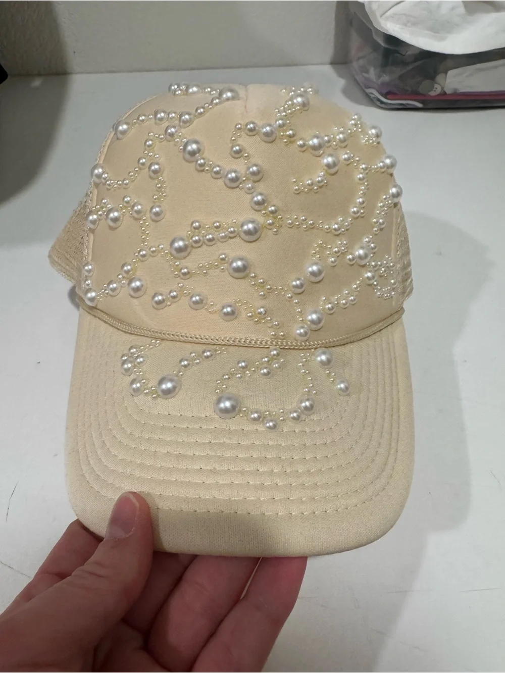 Pearl-Embellished Beige Baseball Cap - Women Accessories